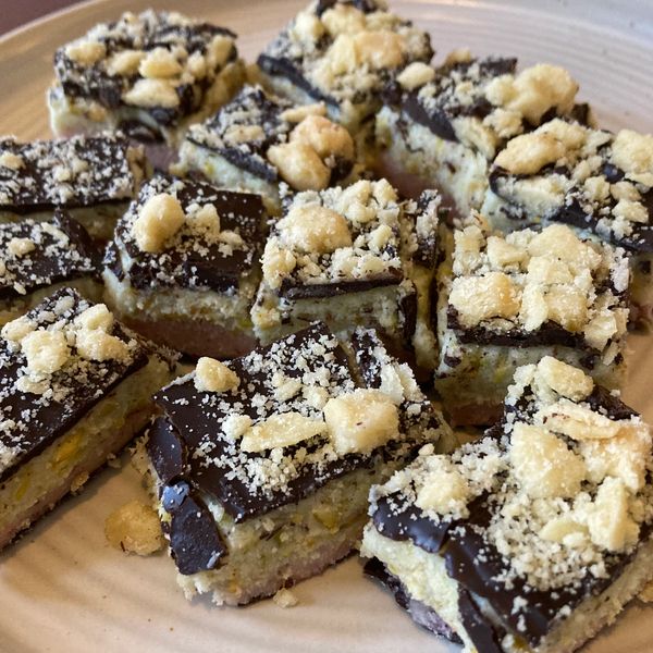 Layered ganache bars with dark chocolate and a shortbread crumble