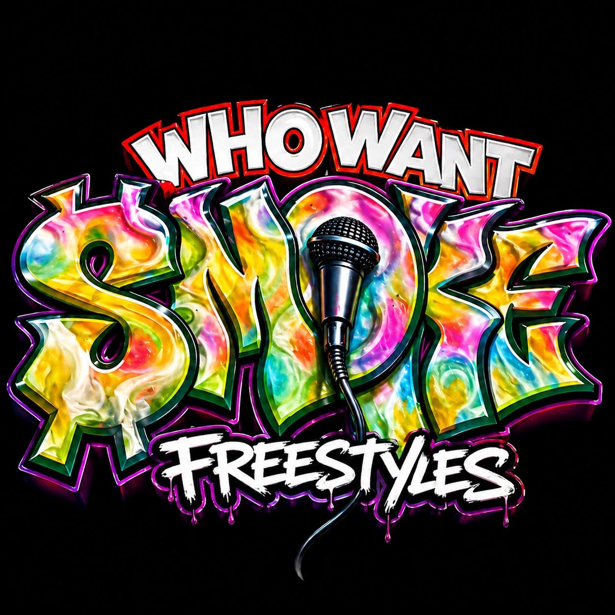 Colorful graffiti-style Who Want Smoke Freestyles logo with a microphone.