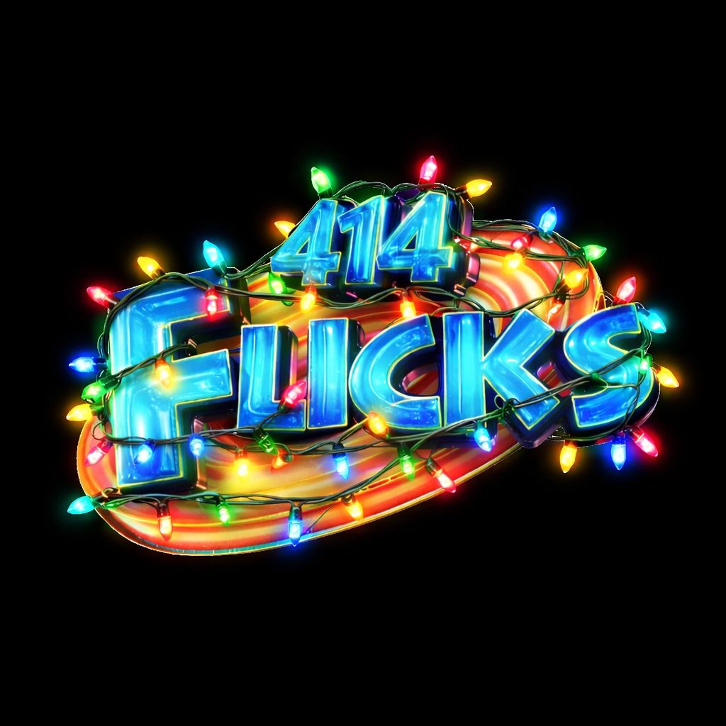 Bright neon sign reading '414 Flicks' wrapped in colorful holiday lights.
