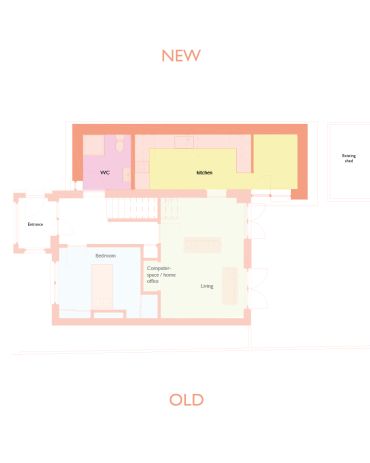 Comparison floor plan showing new and old house layouts.