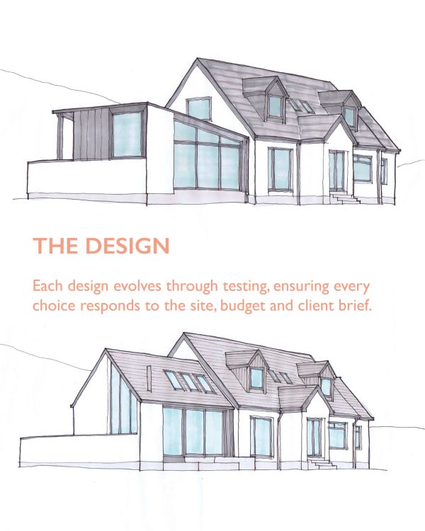 Architectural design sketches of a modern house.
