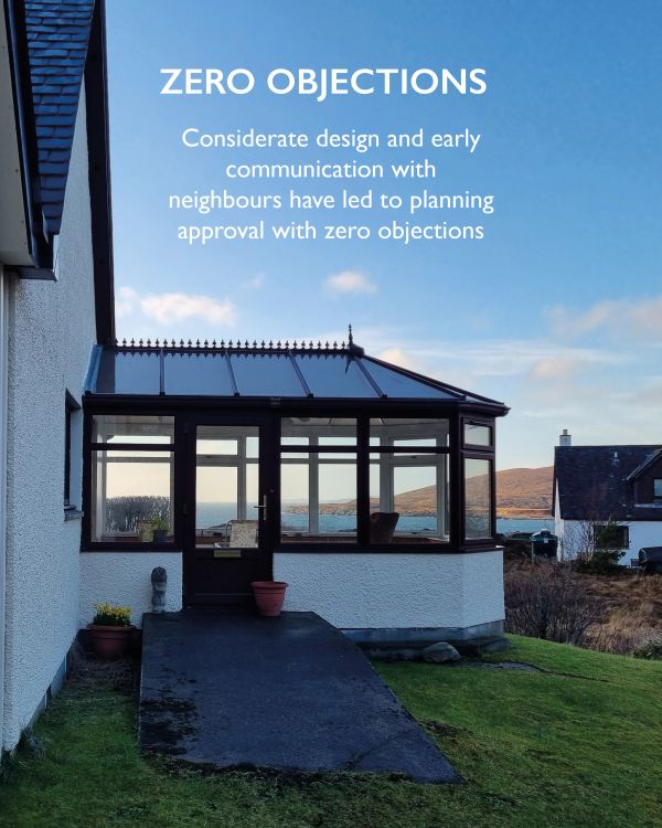 A house with a glass extension and a text about zero objections.