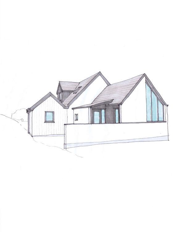 Architectural sketch of a modern house with large windows.
