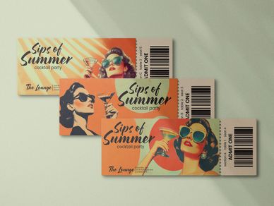 Three colorful tickets for the Sips of Summer cocktail party with retro-styled women.
