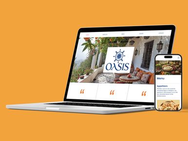 Laptop and smartphone displaying a restaurant website and menu with an orange background.