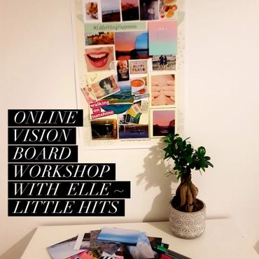 Vision board and plant on a desk with workshop text.