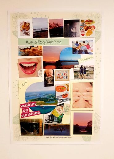 A collage of photos and words representing happiness and simple joys.