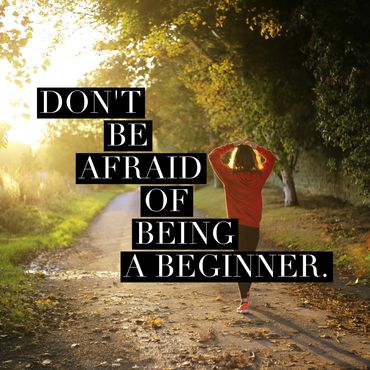 Person walking on a sunlit path with an inspiring quote about beginners.