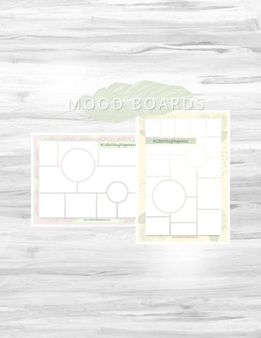 Two decorative mood boards with floral borders on a wooden background.