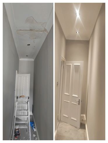 Before and after ceiling repair in a narrow hallway.