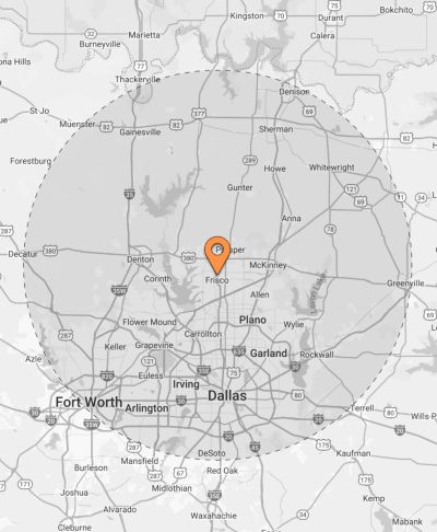 Map showing Frisco, Texas, centered with a surrounding radius.