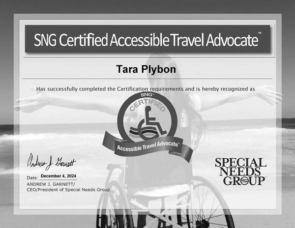 Certificate declaring Tara Plybon is a certified accessible travel advocate.