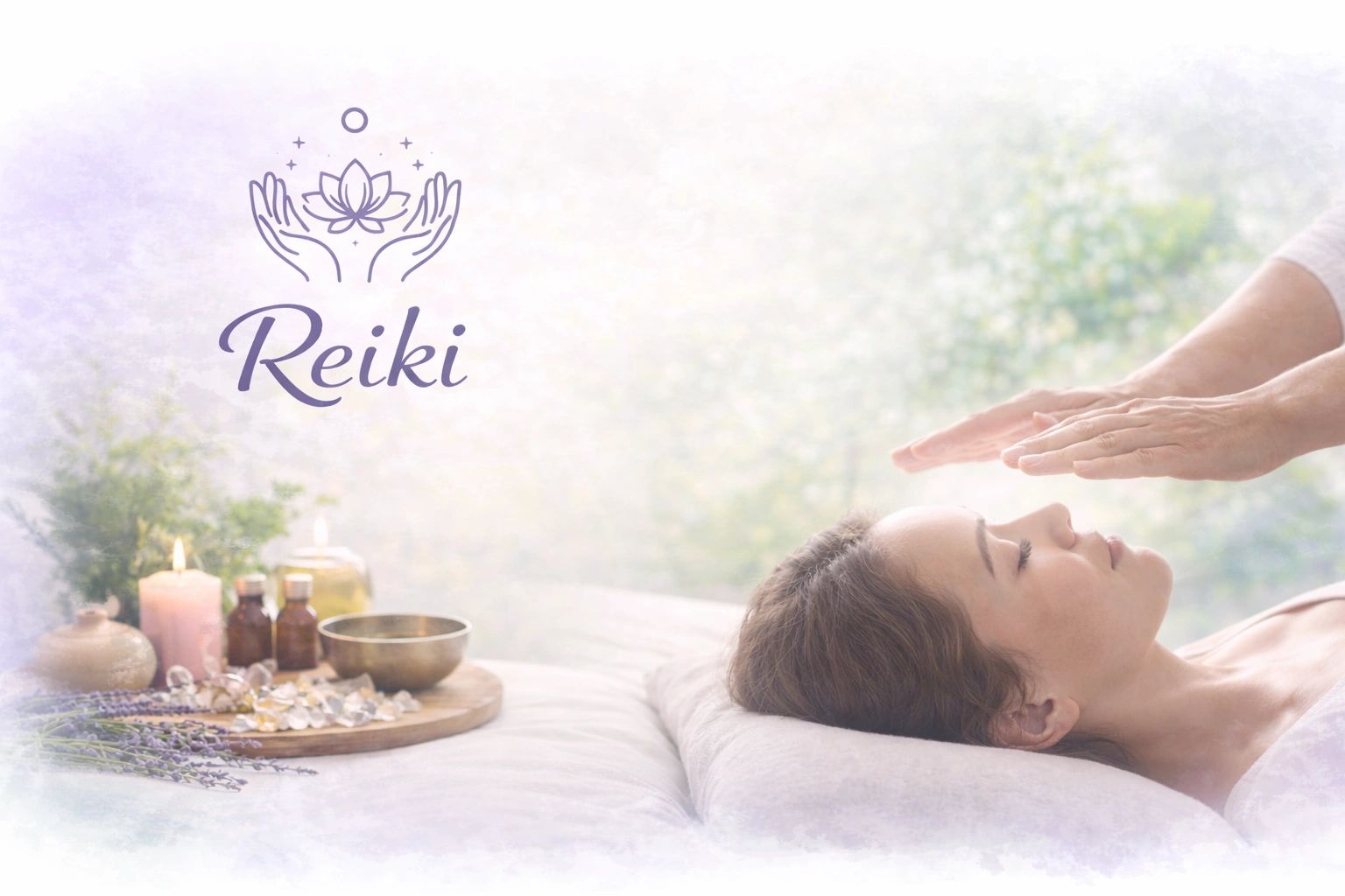 A woman receiving Reiki healing with calming candles and crystals nearby.
