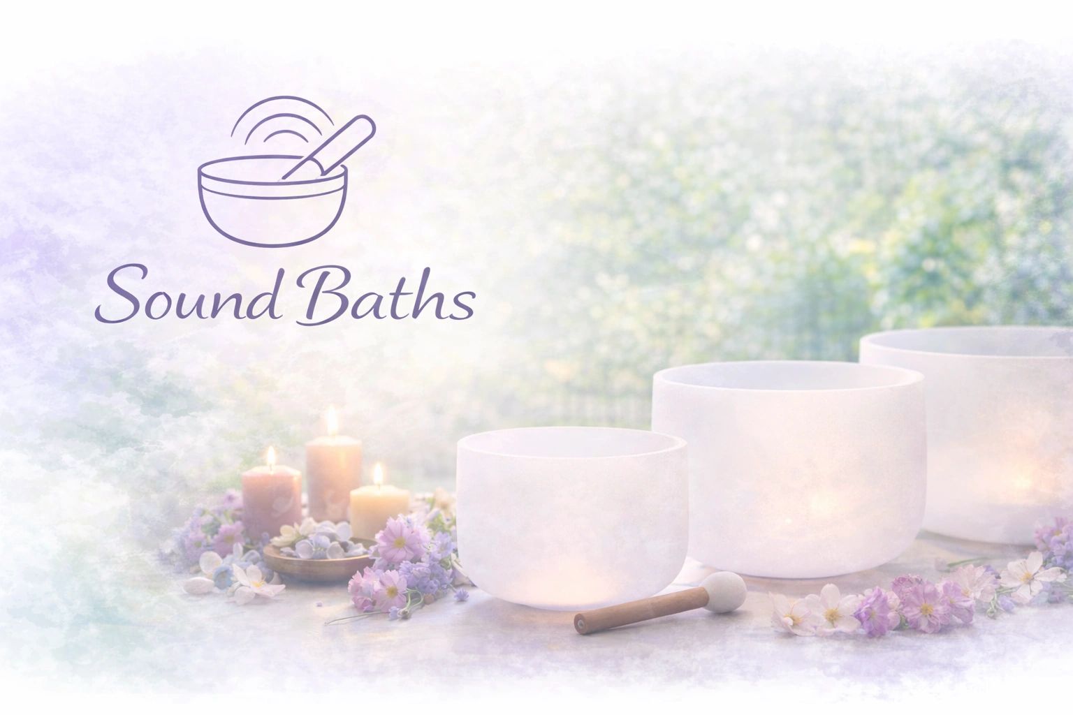 Serene sound bath setup with singing bowls, candles, and flowers for relaxation.