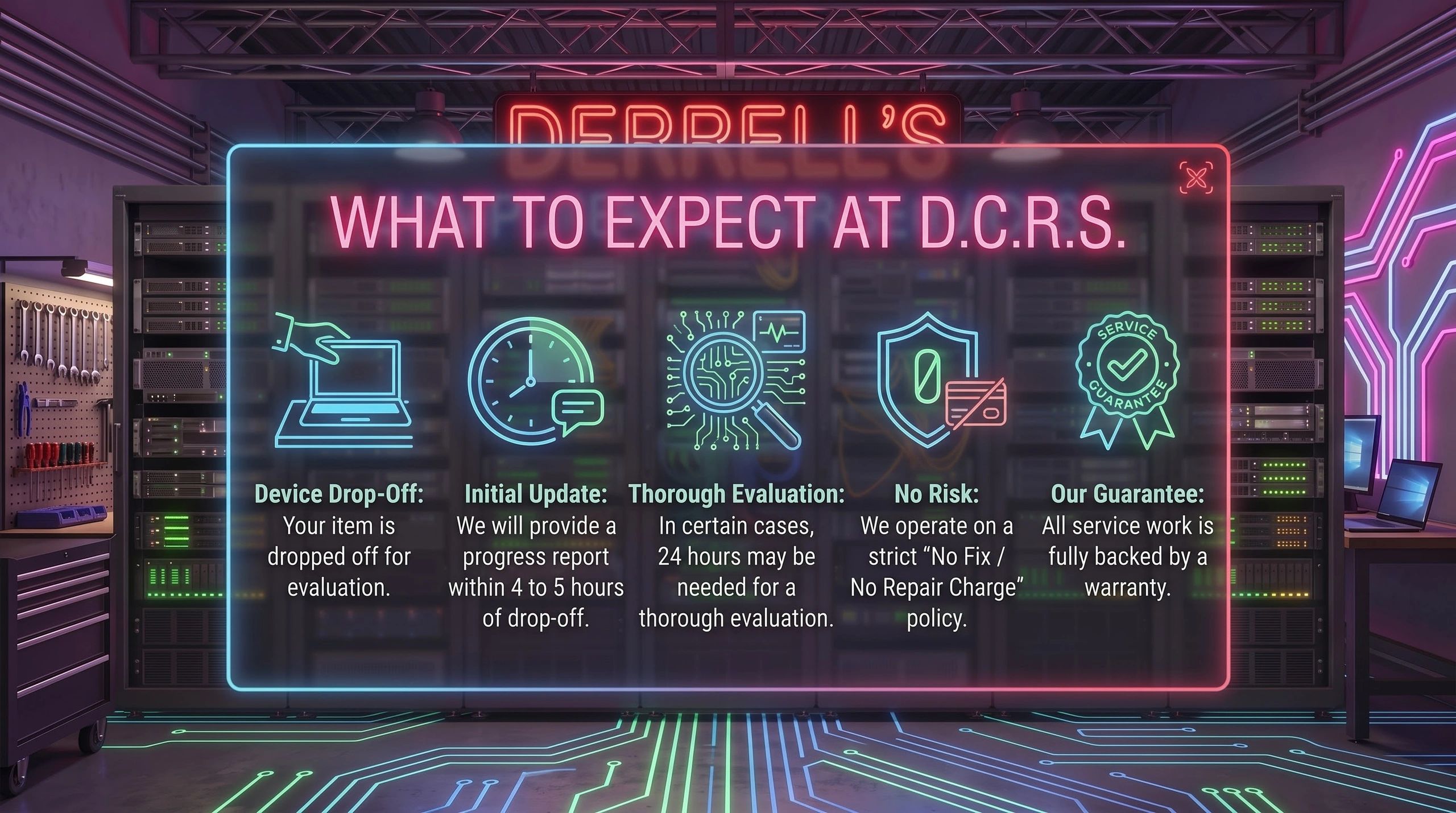 Neon sign explaining service steps at D.C.R.S.