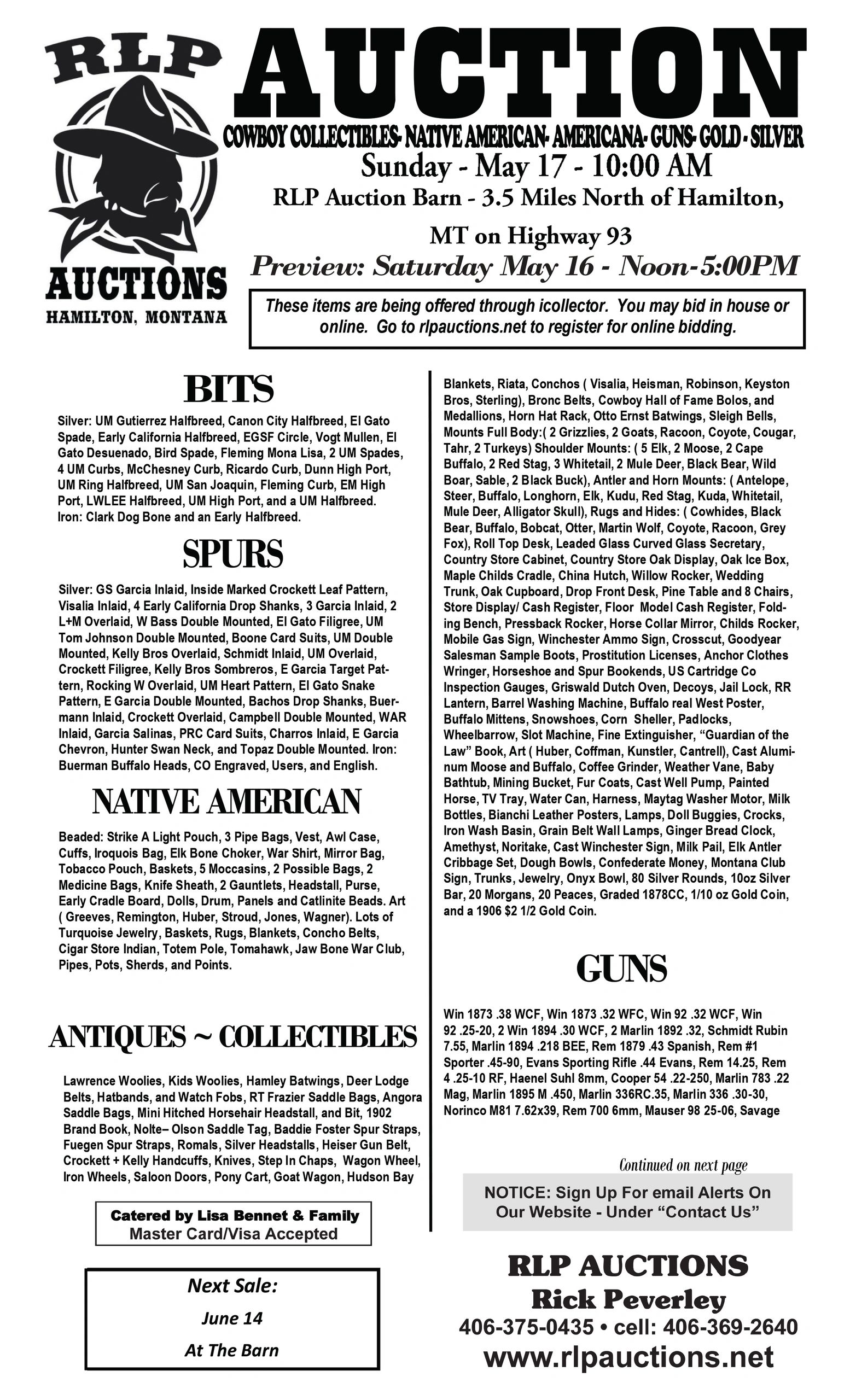 RLP Auctions in Hamilton, Montana, selling cowboy collectibles, Native American items, antiques, and guns on May 17.