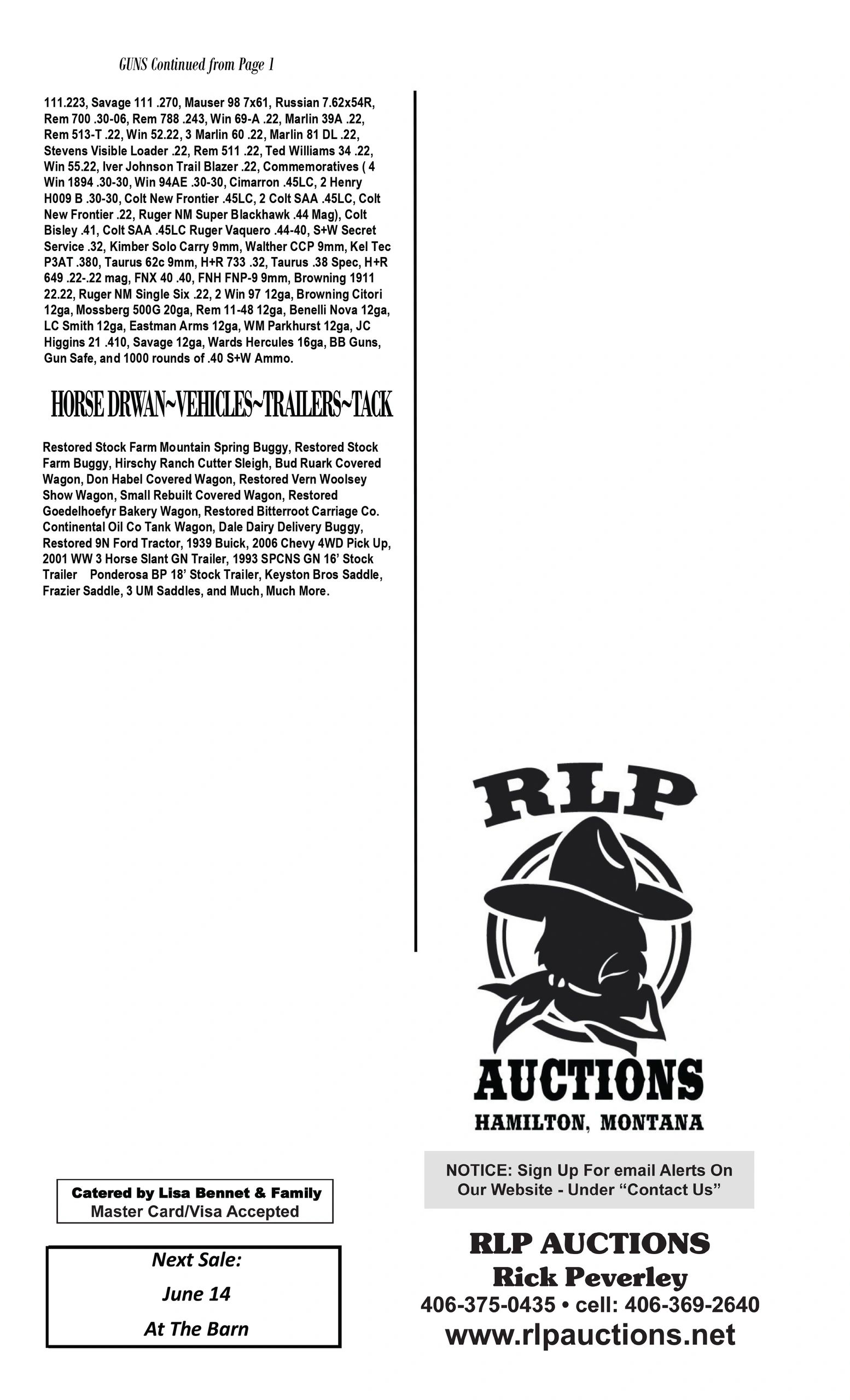 Auction advertisement listing guns, horse-drawn vehicles, trailers, and tack with contact details for RLP Auctions in Montana.