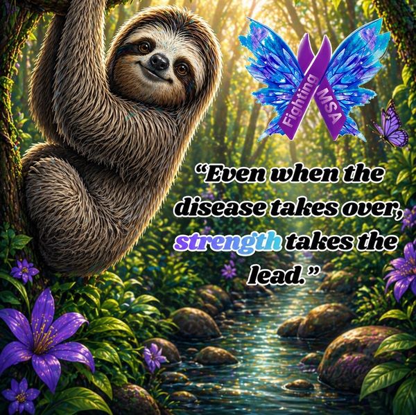 A smiling sloth in a vibrant forest with a motivational MSA fighting ribbon and butterfly.