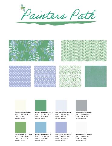 Collection of green and blue nature-inspired fabric patterns labeled Painters Path.