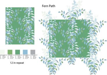Floral pattern named 'Fern Path' with blue and green leaves on a green background.