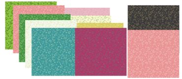 Collection of colorful floral patterned fabric swatches in various shades.