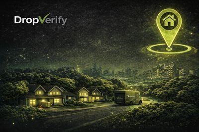 Night scene of houses with a glowing location pin and DropVerify logo.