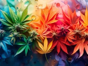 Colorful cannabis leaves arranged from green to red on a vibrant background.