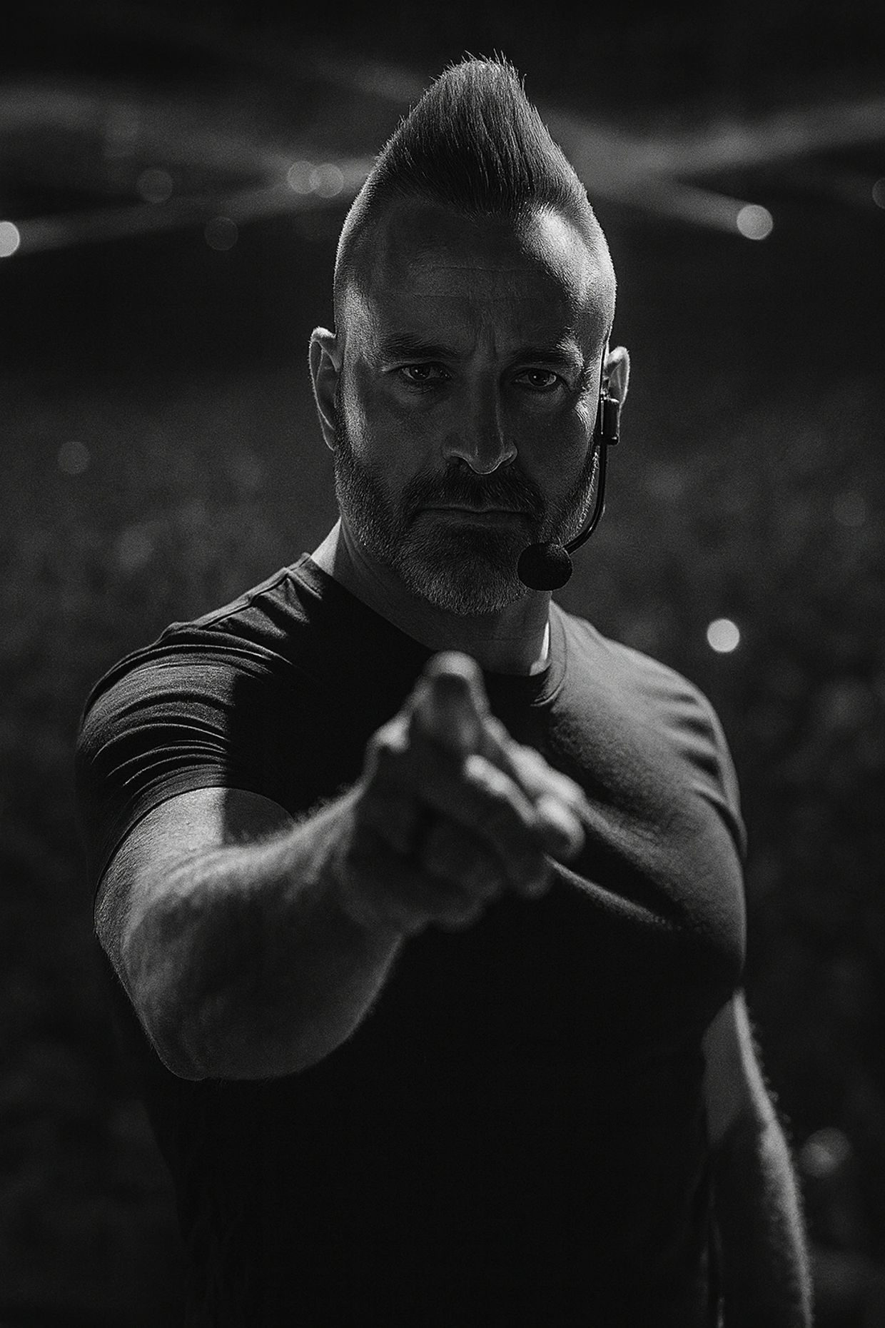 Man with mohawk and headset pointing directly at camera.