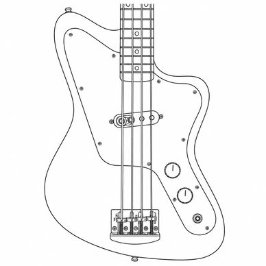 Line drawing of a bass guitar body and neck.