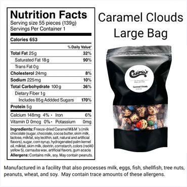 Nutrition facts and packaging for Caramel Clouds Large Bag.
