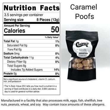Caramel Poofs nutrition facts and packaging.