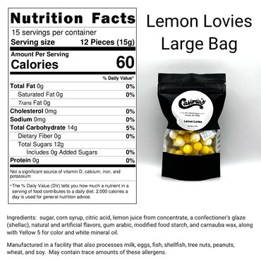 Large bag of yellow and white Lemon Lovies candy with nutrition facts.