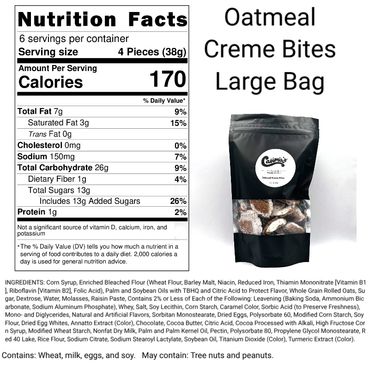 Nutrition label for Oatmeal Creme Bites, large bag, 6 servings.