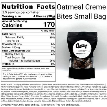 Nutrition facts and package of Casimir's Oatmeal Creme Bites small bag.
