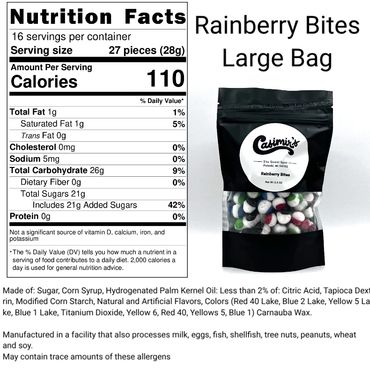 Large bag of Rainberry Bites candy with nutrition facts label.