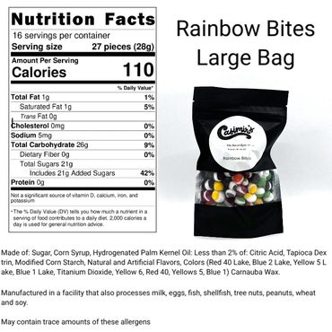 Nutrition facts and ingredient details for Rainbow Bites Large Bag candy.