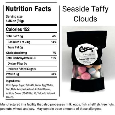 Seaside Taffy Clouds with nutrition facts and allergen warning.