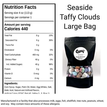 Large bag of Seaside Taffy Clouds with nutrition facts and ingredients.