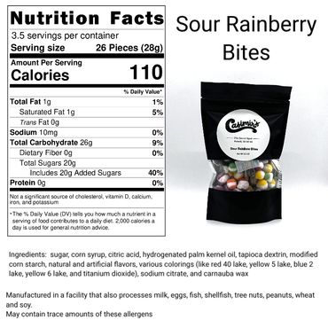 Nutrition facts label for Sour Rainberry Bites candy with ingredients and allergen info.