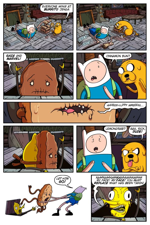 Finn and Jake confront Lemongrab in a funny Burrito Jenga game.