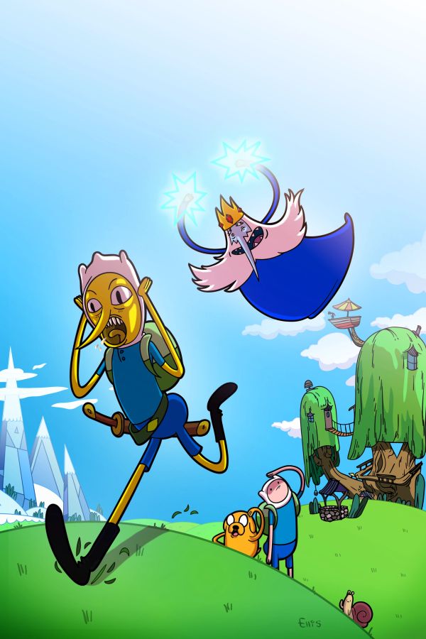 Characters from Adventure Time in a dynamic chase scene.