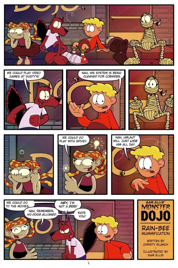 Comic strip featuring kids and a dog with Halloween costume theme.