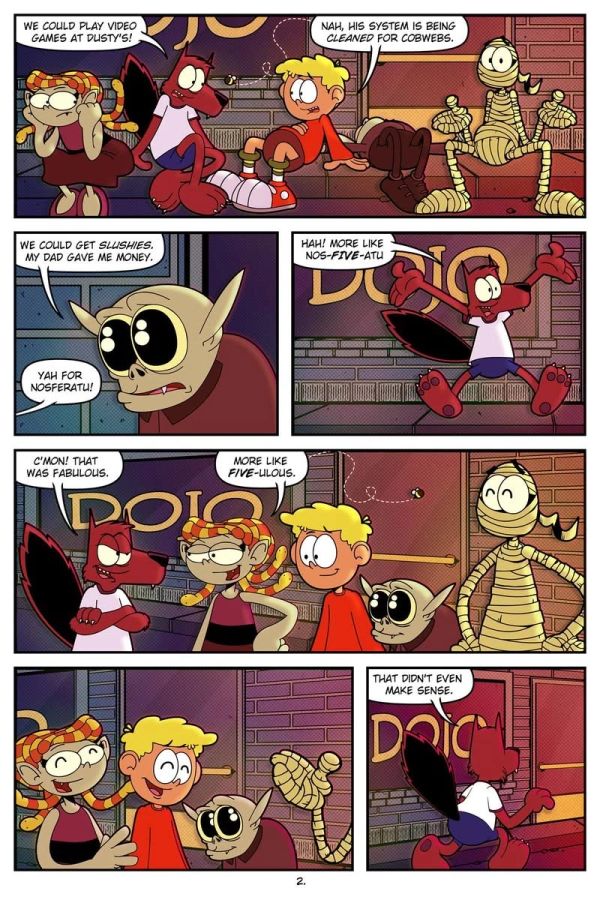 Kids joke and plan activities at Dojo with a playful Nosferatu pun.