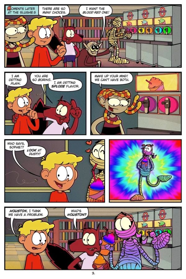 Characters debate Slushie flavors and encounter a glowing, wrapped creature.
