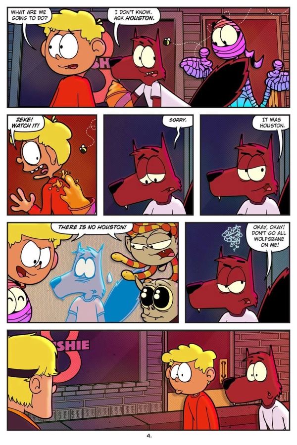 Characters discuss an unseen presence called Houston with humor and confusion.