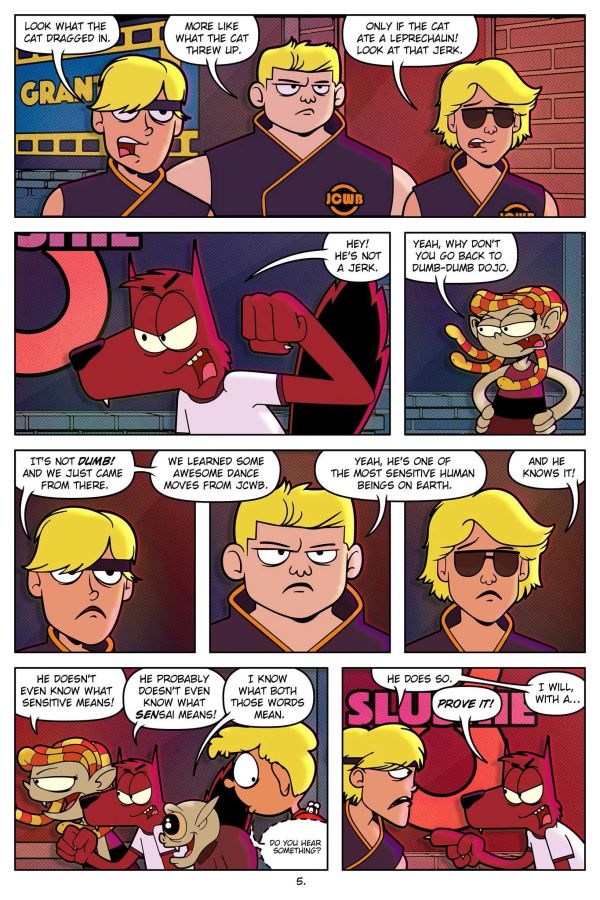 A comic strip showing characters mocking and defending each other with witty insults.