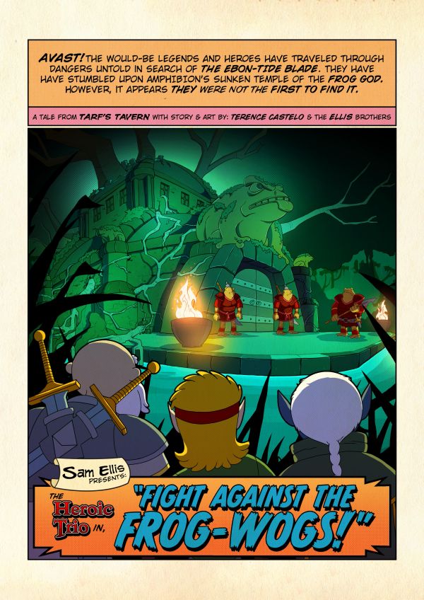 Heroic trio confront frog-like guards at a mystical temple.