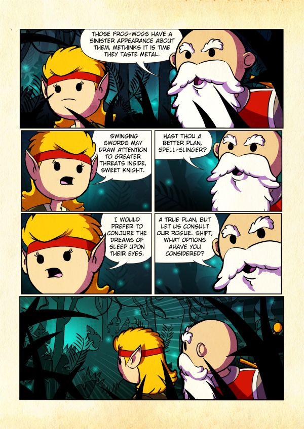 Elven warriors discuss strategy against frog-wogs in a dark forest.