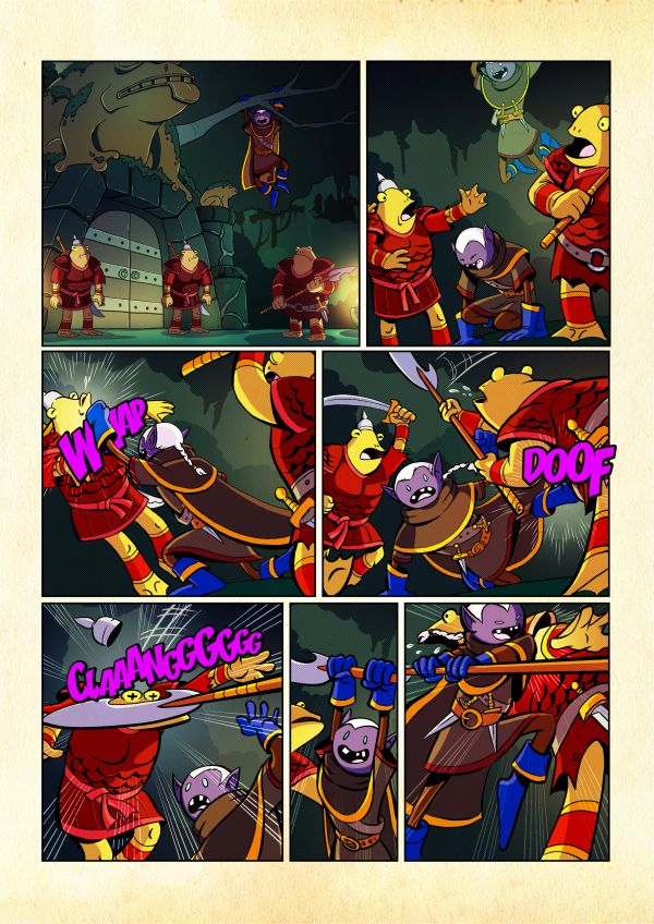 Comic showing a battle scene with frog guards and a hooded attacker.