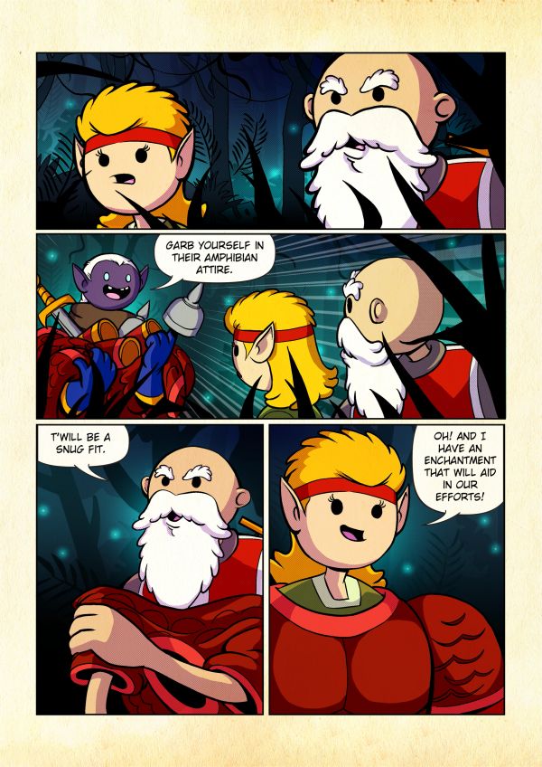 Comic of two characters discussing amphibian attire and enchantments.
